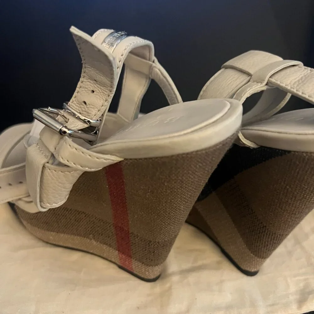 Burberry Brit Check White Leather Goldfinch Wedge Women's Sandals - Picture 6 of 15